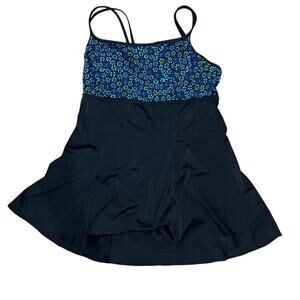 Vintage Robby Len Green Blue Floral Swim Dress One Piece Swimsuit Size 12